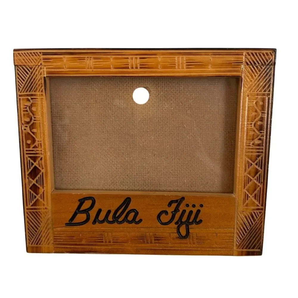 Bula Fiji Carved Wooden Souvenir Photo Frame – Tribal Design